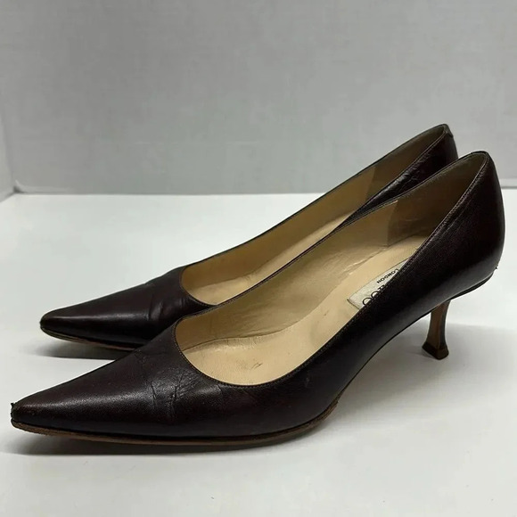 Jimmy Choo Heels High Heel Pumps Pointed Toe Shoes Leather Dark Brown Size 7.5 - Picture 2 of 11